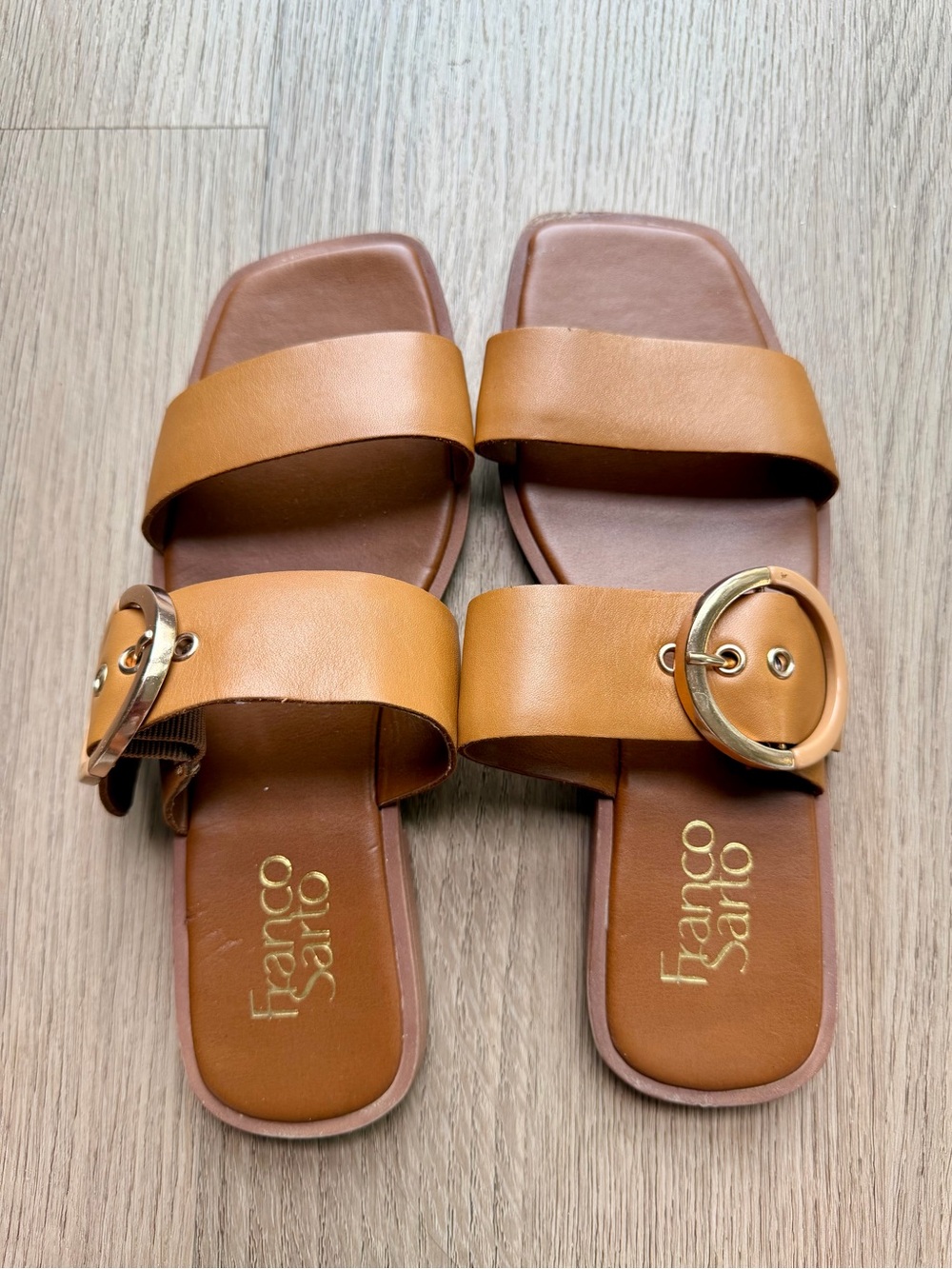 Franco Sarto Cognac Leather Slide Sandals with Gold Buckle - Picture 2 of 7